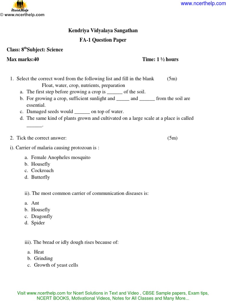 Cbse Sample Papers For Class 8 Science FA 2 | PDF | Yeast | Biology
