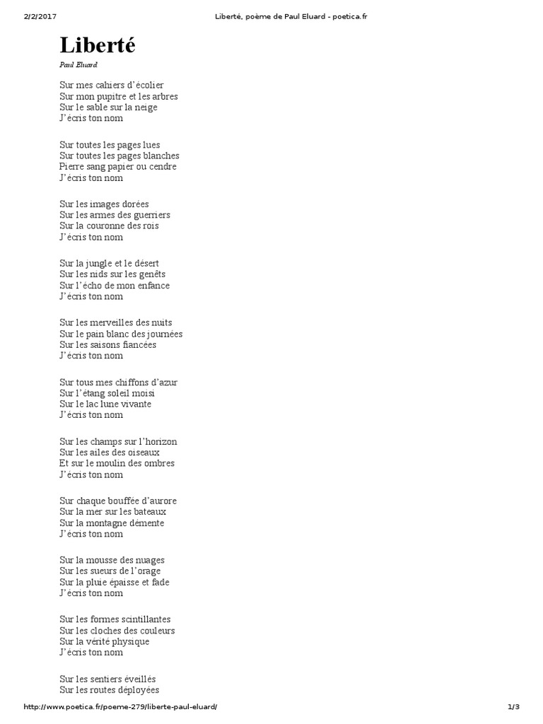 Liberté Paul Eluard Texte Intégral Pdf Liberté, Poème de Paul Eluard - Poetica | PDF | La nature