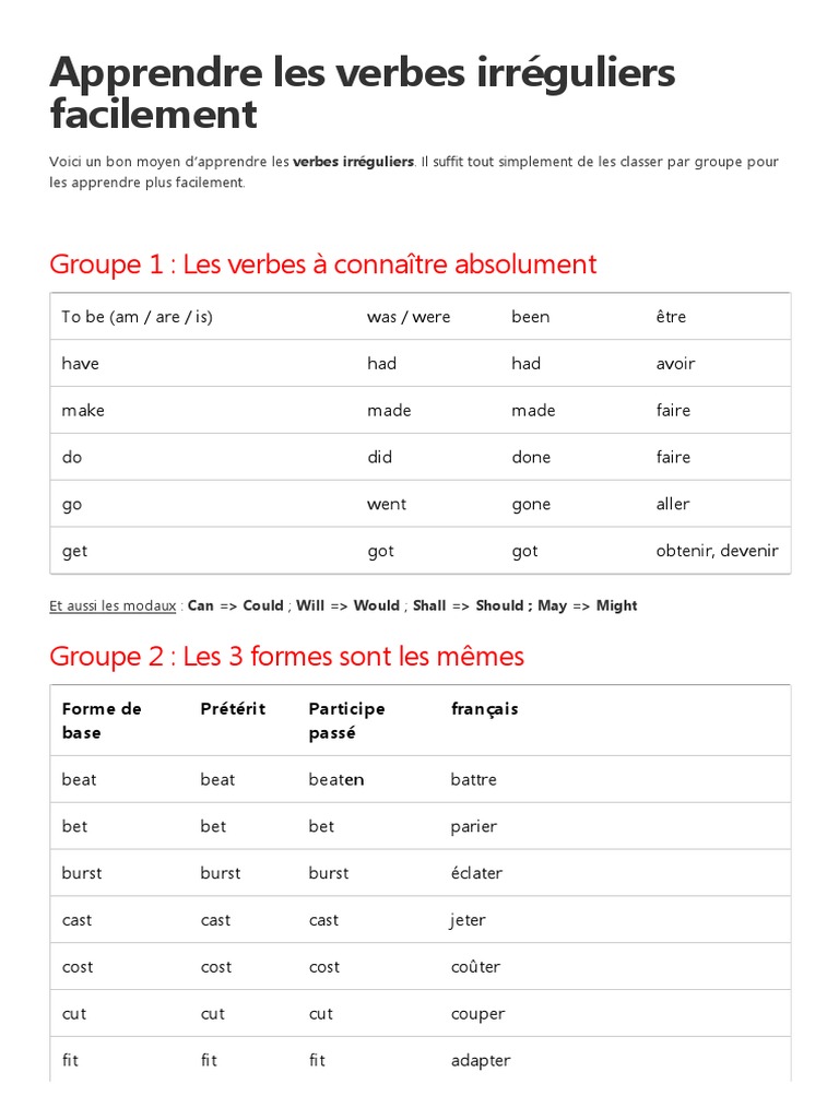 Exercices Verbes Irreguliers Anglais A Imprimer Apprendre Facilement Les Verbes Anglais Irriguliers PDF | PDF | Verbe |  Morphologie linguistique