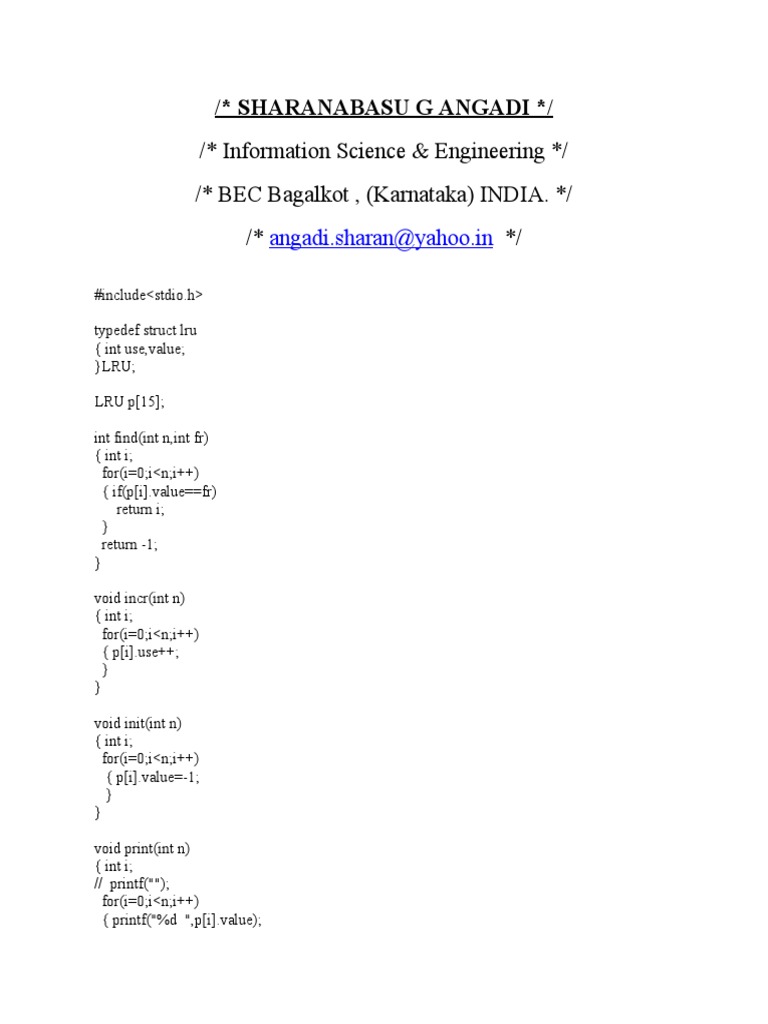 LRU Page Replacement Algorithm in C | PDF