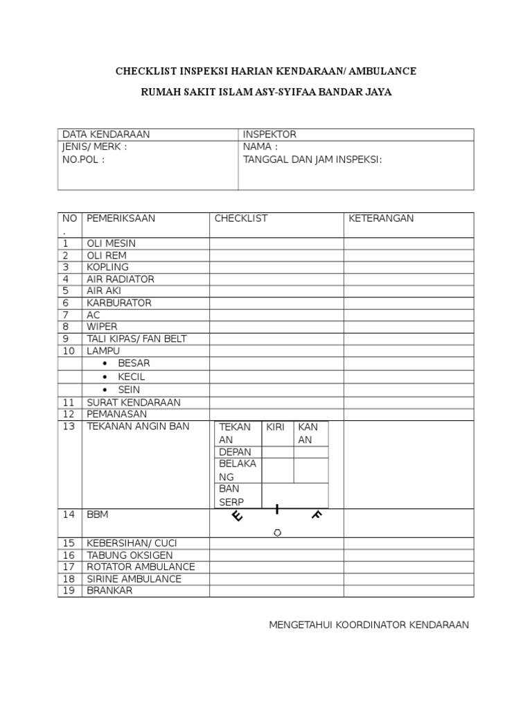 Checklist Inspeksi Harian Kendaraan PDF