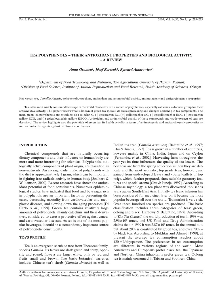 Tea Polyphenols - Their Antioxidant Properties and Biological Activity ...