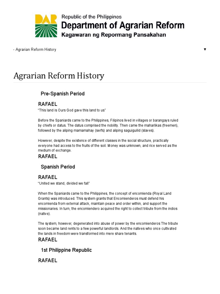 Agrarian Reform History Department of Agrarian Reform Leasehold