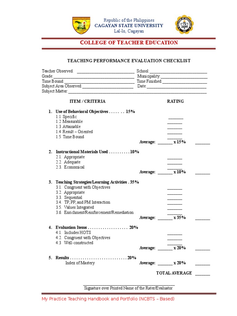 Teacher Performance Evaluation Checklist | PDF | Teaching Method ...