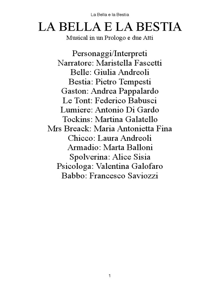 Copione Bella e La Bestia Con Canzoni | PDF