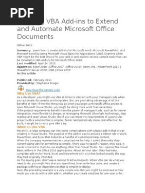 Creating VBA Add-Ins to Extend and Automate Microsoft Office Documents