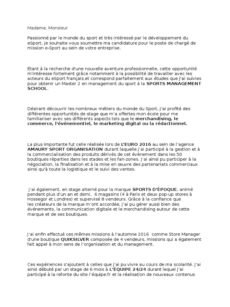 Lettre de Motivation de Benoit Cochet Pour Le Poste de Chargé de