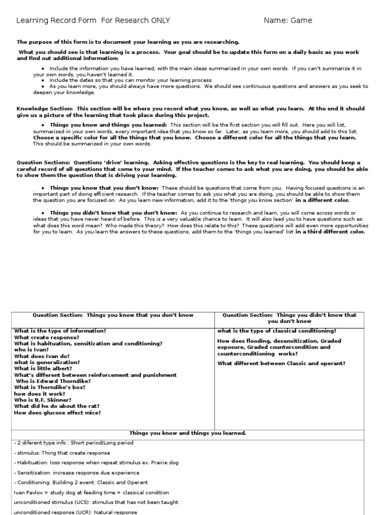 Learning Record Form for Research Tracking | PDF | Reinforcement ...