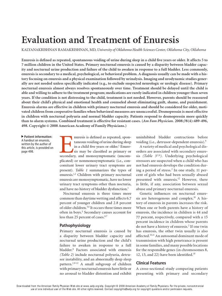 Enuresis Aafp PDF PDF Urinary Incontinence Nocturnal Enuresis