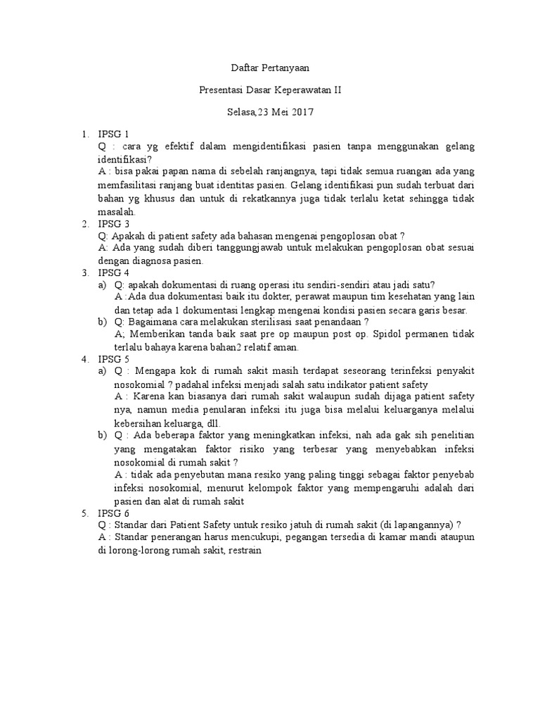 Pertanyaan Patient Safety