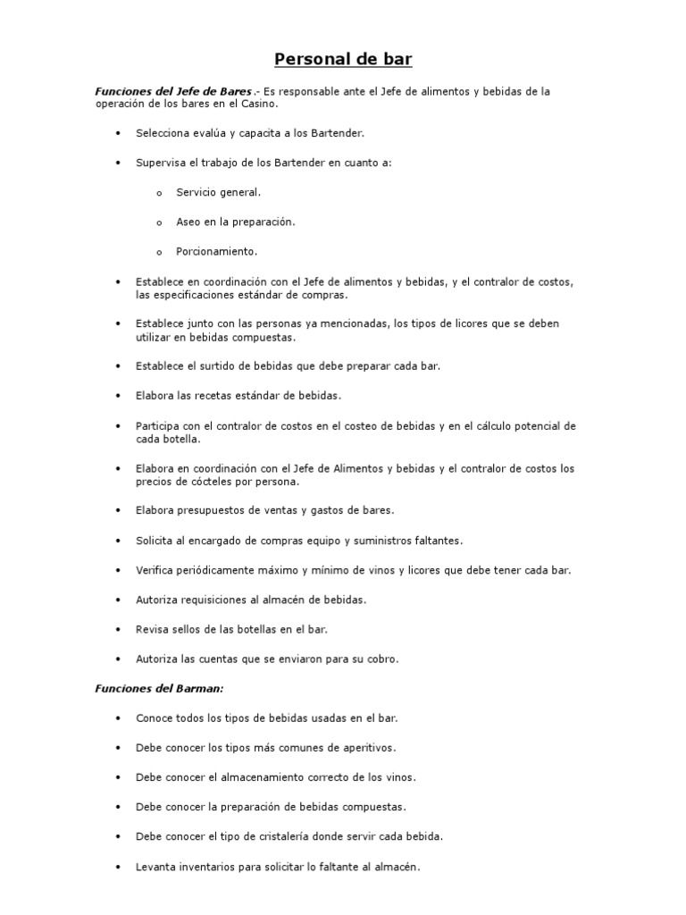 Funciones Del Jefe de Bares Bar Barman