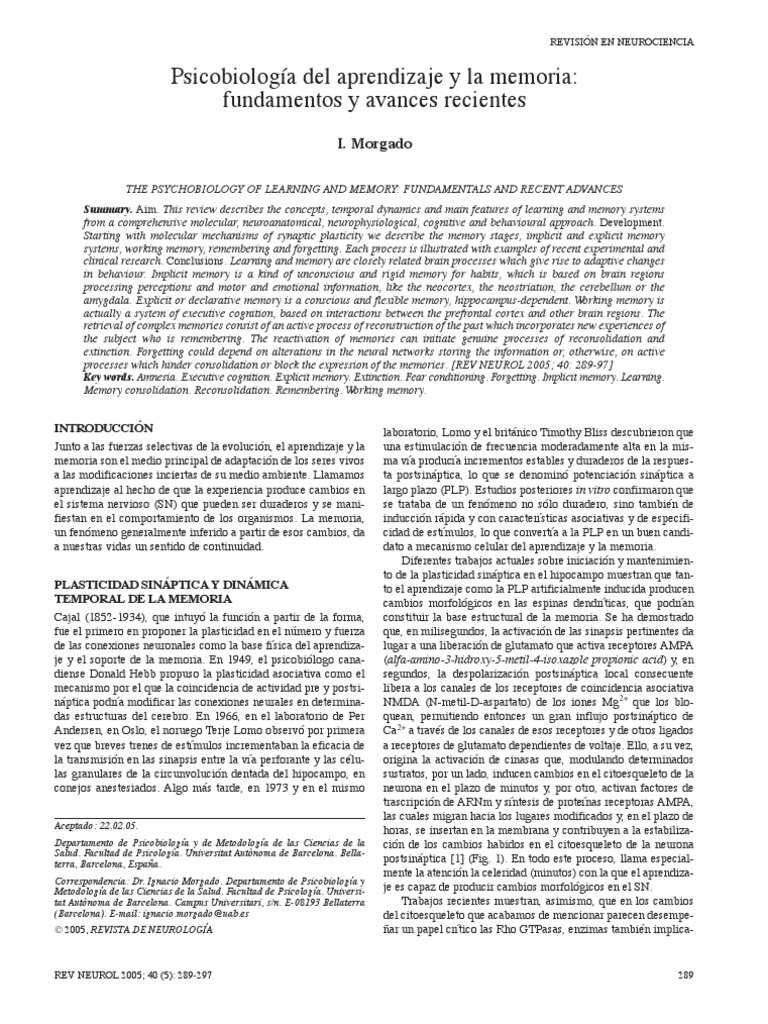 Psicobiología del Aprendizaje y Memoria | PDF | Neuroplasticity | Synapse
