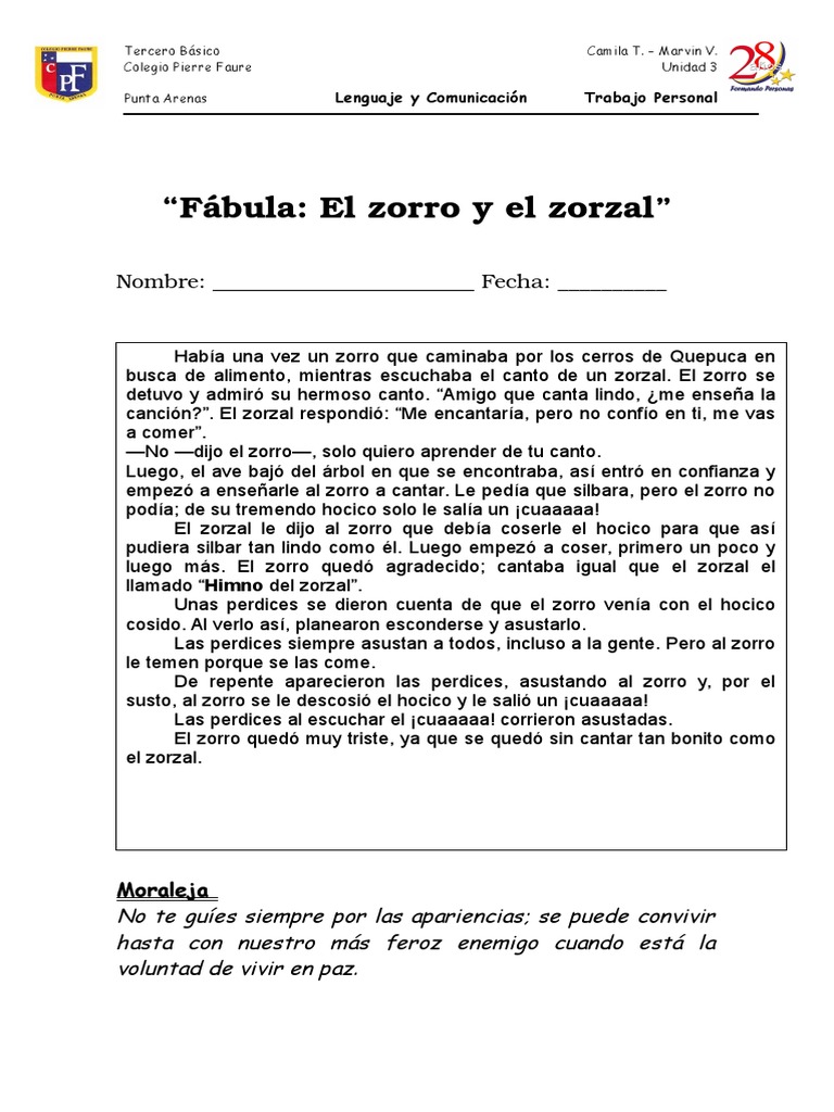 Fabula El Zorro y El Zorzal 1 PDF Ocio