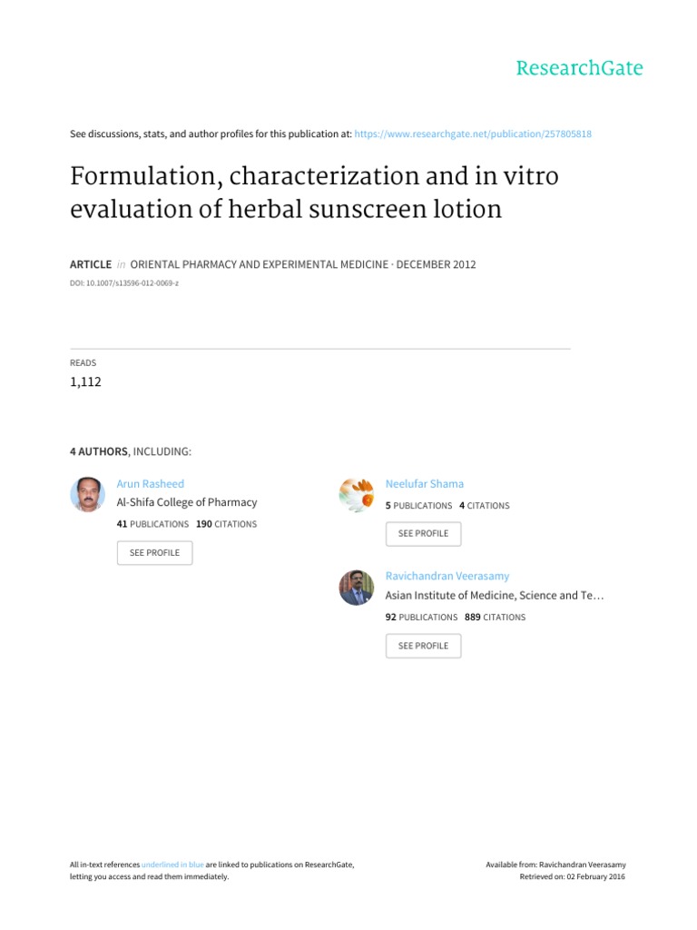 Herbal Sunscreen Lotion Formulation | PDF | Sunscreen | Ultraviolet