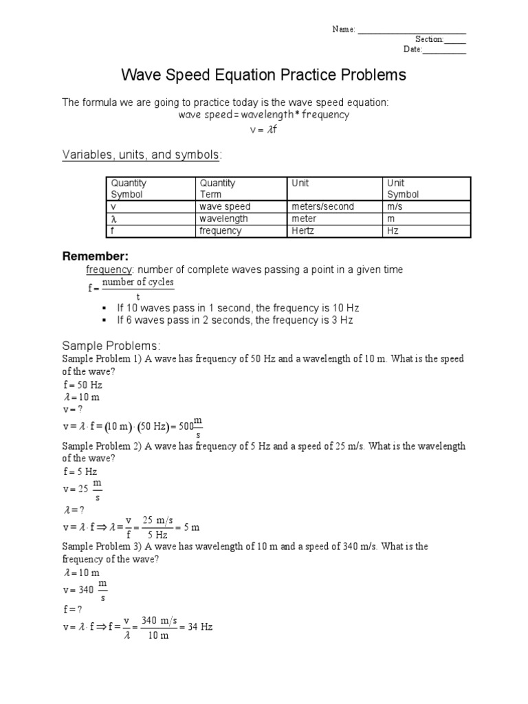 worksheet Wave Speed Worksheet wave speed worksheet 1 pdf hertz frequency