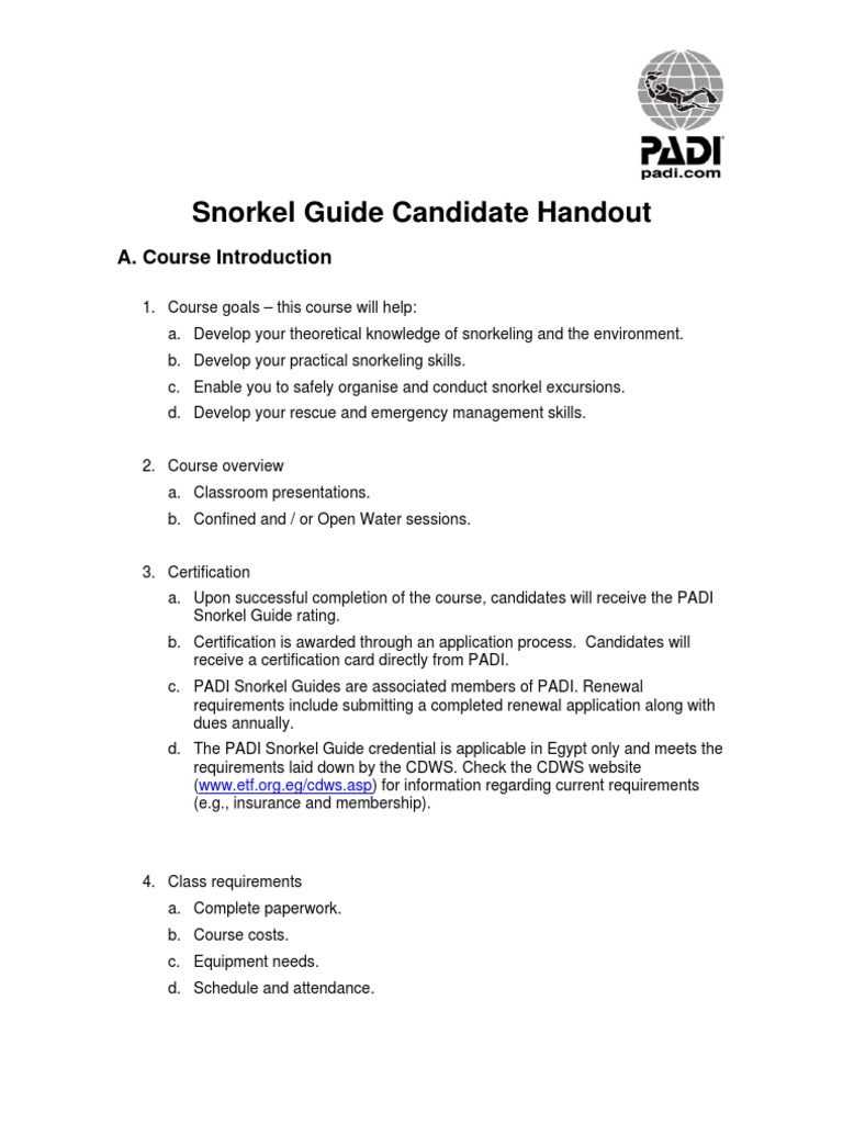 Snorkel Guide Candidate Handout A. Course Introduction PDF
