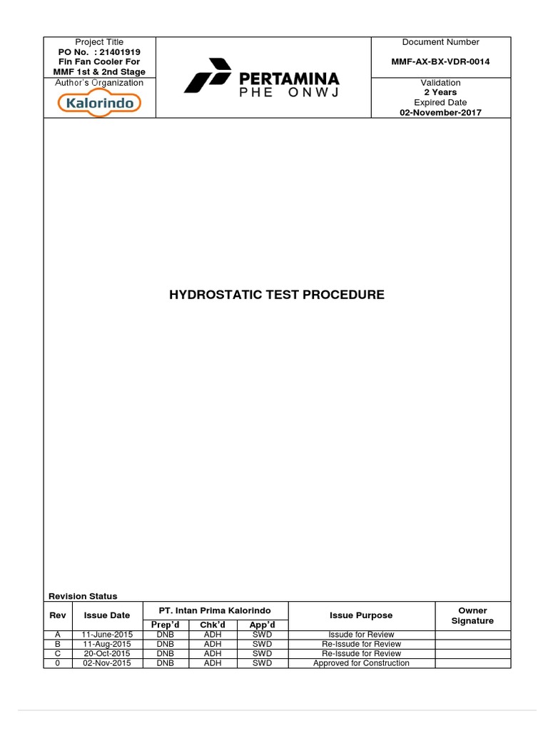 Hydrostatic Test Procedure Overview | PDF | Pressure | Calibration