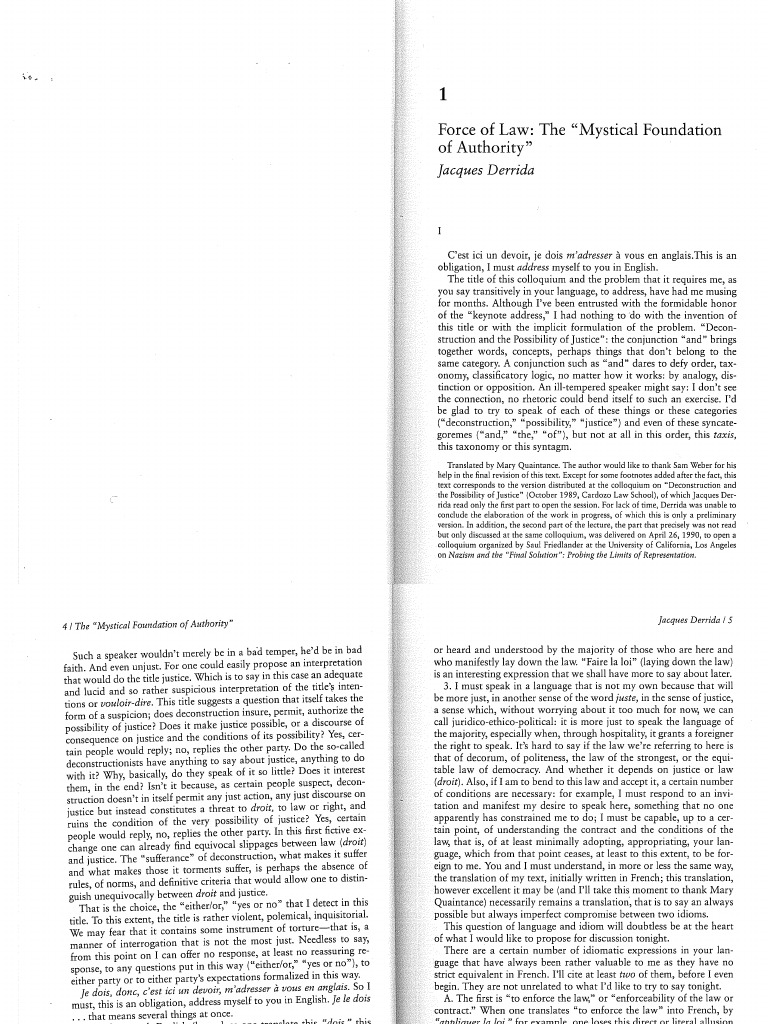 Derrida Force of Law Deconstruction Infinity