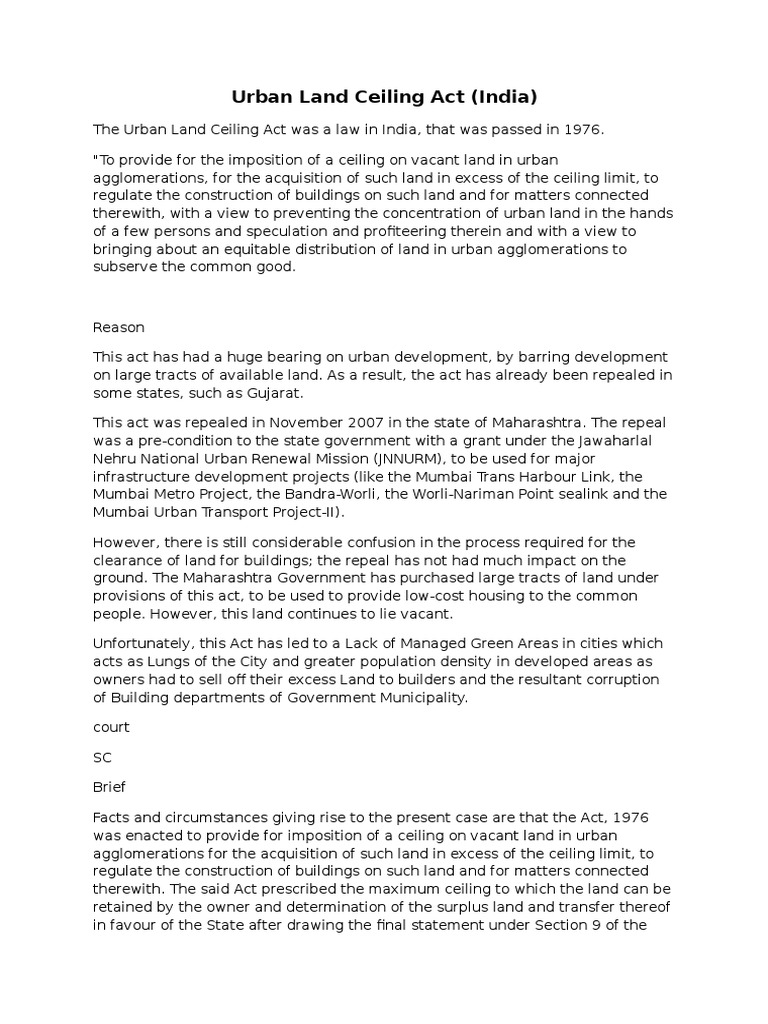 Urban Land Ceiling Act Civil Law Law) Government Information