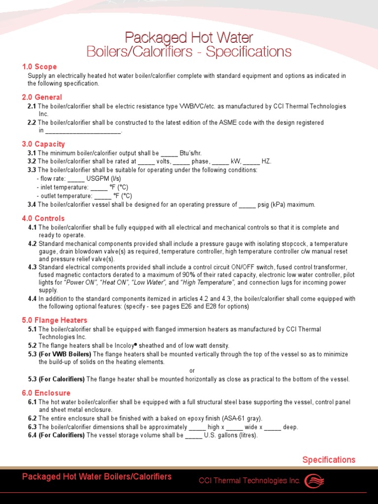 Boiler Spec Sheet PDF Water Heating Boiler