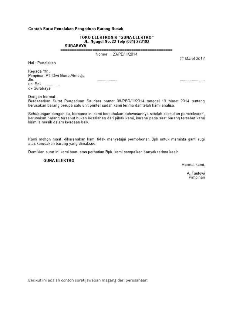 Contoh Surat Penolakan Pengaduan Barang Rusak
