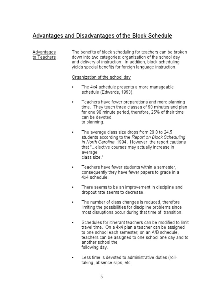 Advantages and Disadvantages of Block Scheduling PDF PDF Homework