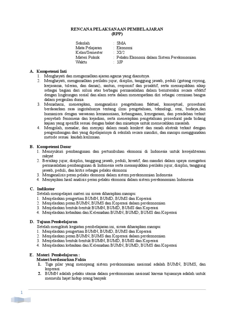 Rpp Ekonomi Kelas X Bab 10 K13 Badan Usaha