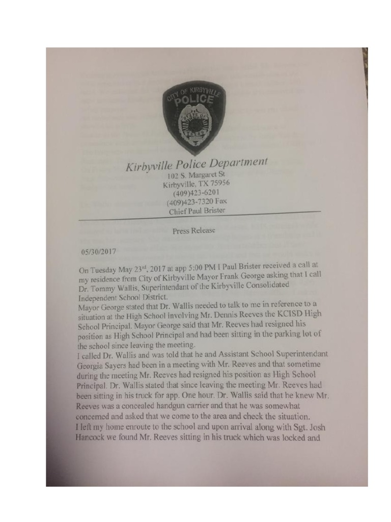 Kirbyville Police News Release On Suicide of Dennis Reeves | PDF