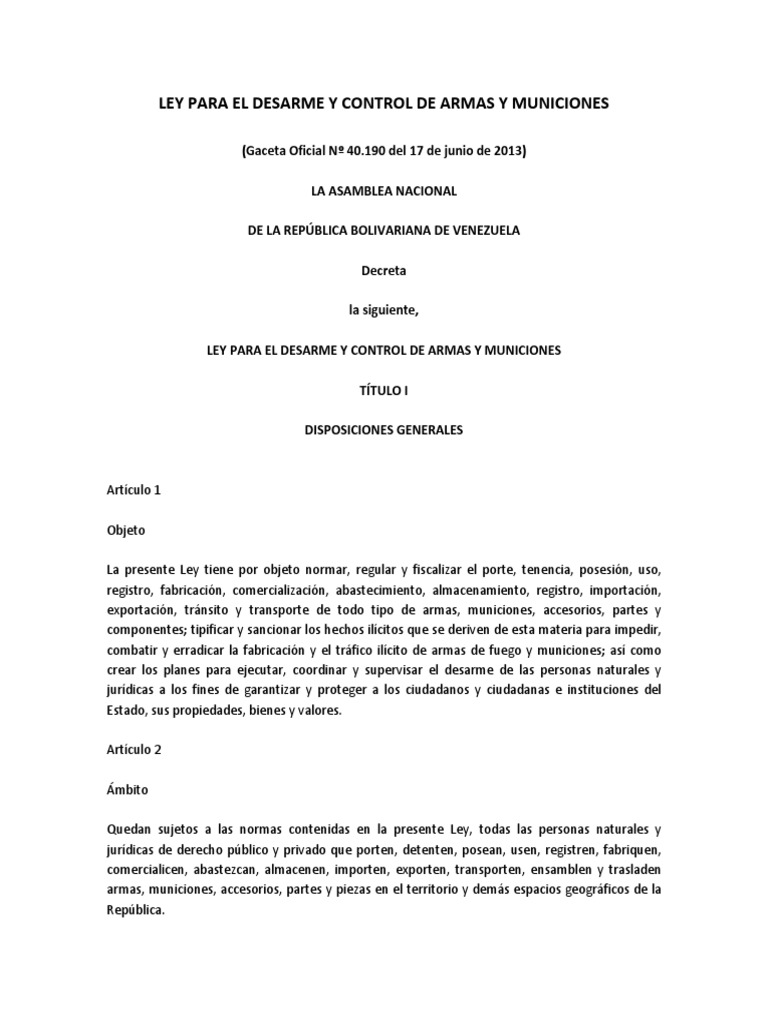 Ley para El Desarme y Control de Armas y Municiones PDF Derecho a