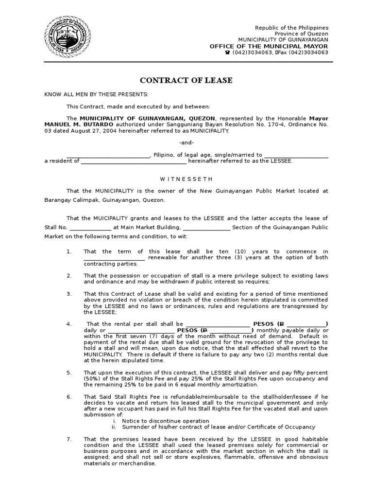 Lease Agreement for Market Stall | PDF | Lease | Contractual Term
