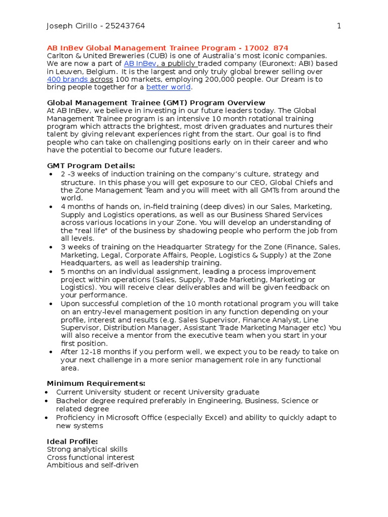 AB InBev Global Management Trainee Overview | PDF | Sales | Marketing