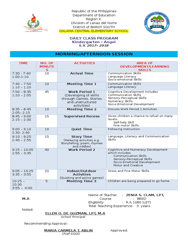 Morning/Afternoon Session: Daily Class Program Kindergarten - Angel ...