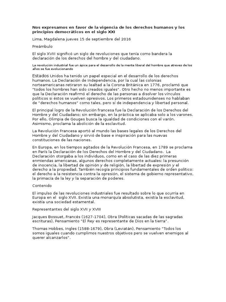 Nos Expresamos en Favor de La Vigencia de Los Derechos Humanos y Los Principios Democráticos en