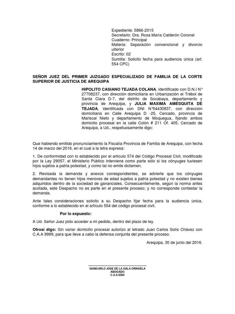 Escrito Solicitando Audiencia Única Demanda judicial Ley procesal