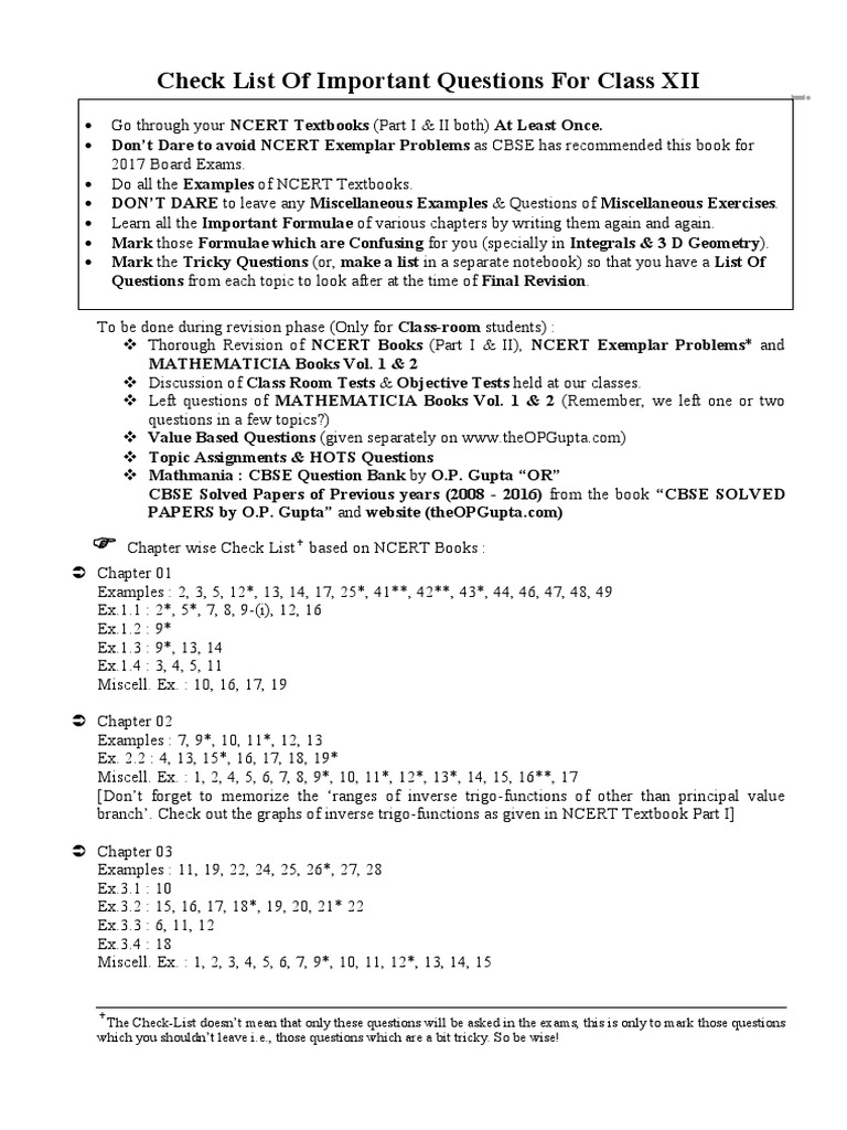 Important Questions for Class 12 Maths | PDF | Cognition | Teaching ...