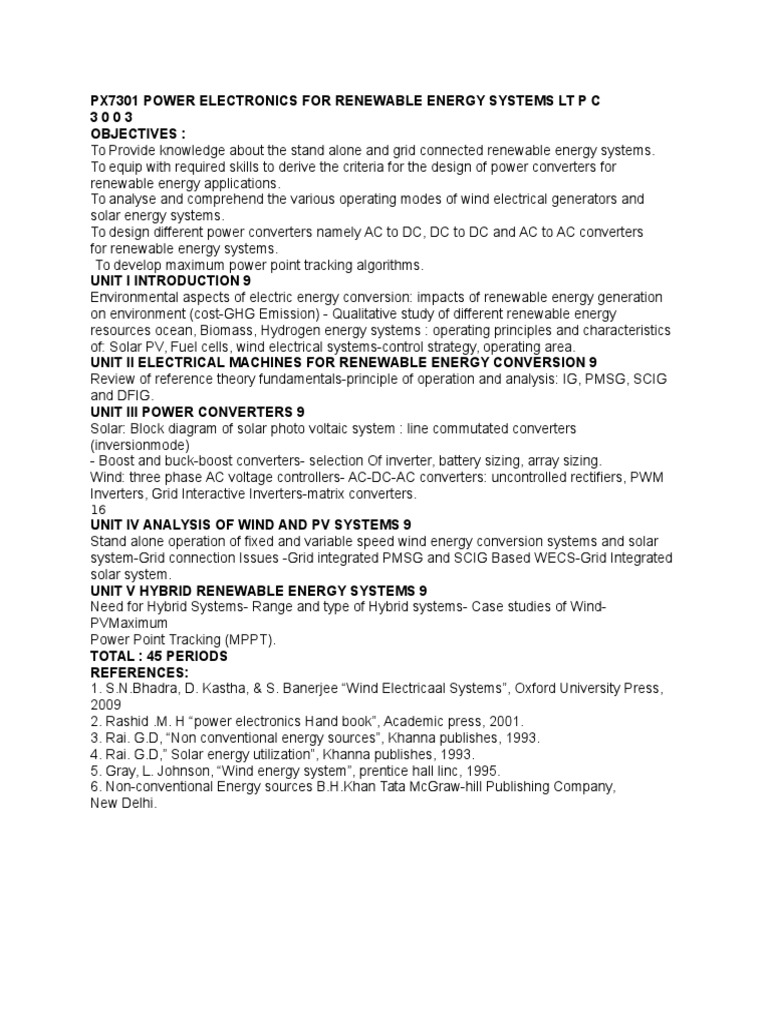 Px7301 Power Electronics For Renewable Energy Systems LT P C | PDF