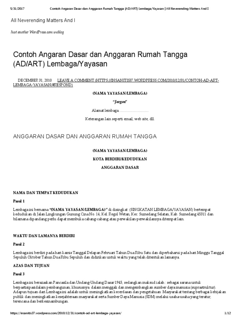 Contoh Angaran Dasar Dan Anggaran Rumah Tangga (AD - ART) Lembaga ...