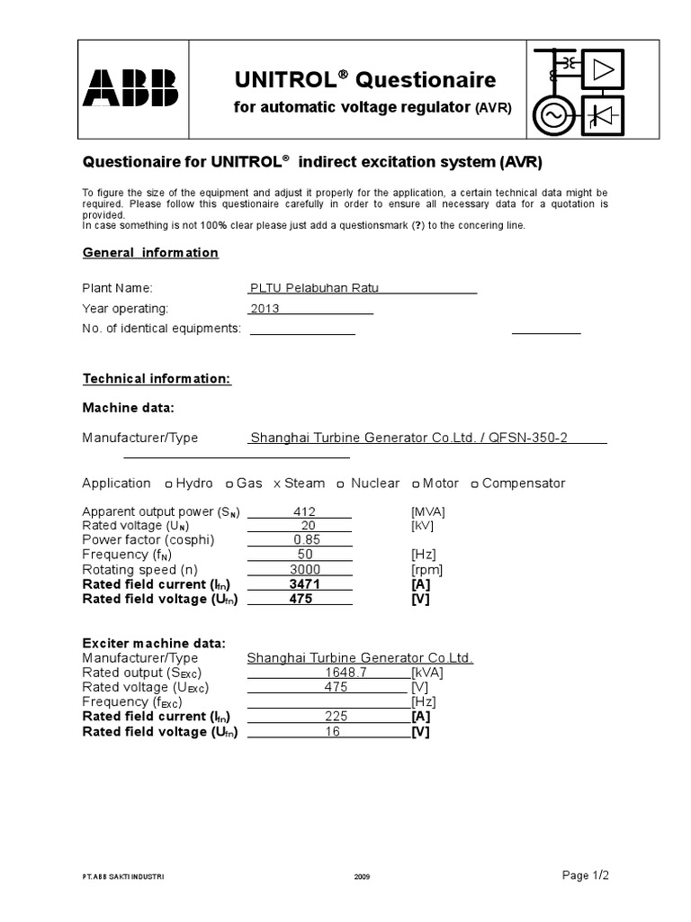 Questionaire For AVR Form Transformer Electric Generator