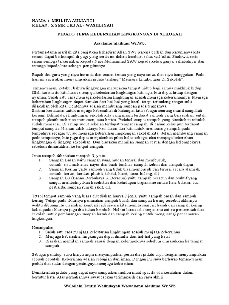 Pidato Tema Kebersihan Lingkungan Di Sekolah