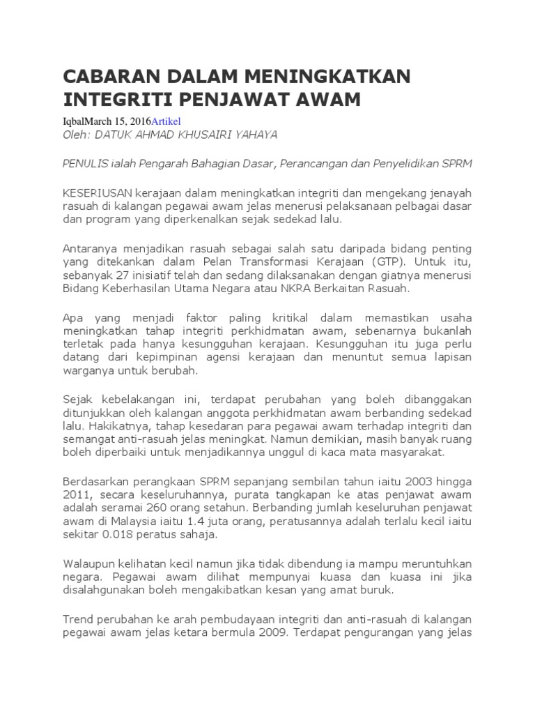 Cabaran Dalam Meningkatkan Integriti Penjawat Awam Pdf