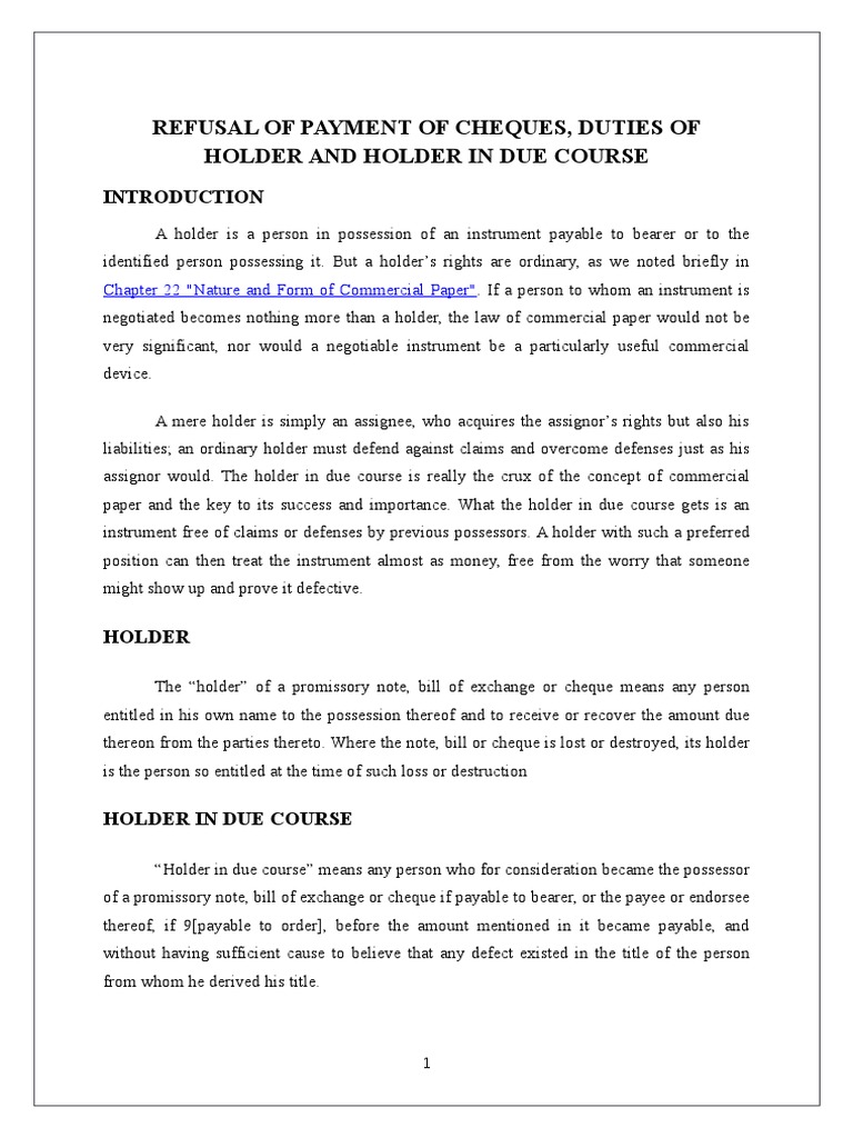 Refusal of Payment of Cheques, Duties of Holder and Holder in Due Course PDF Negotiable