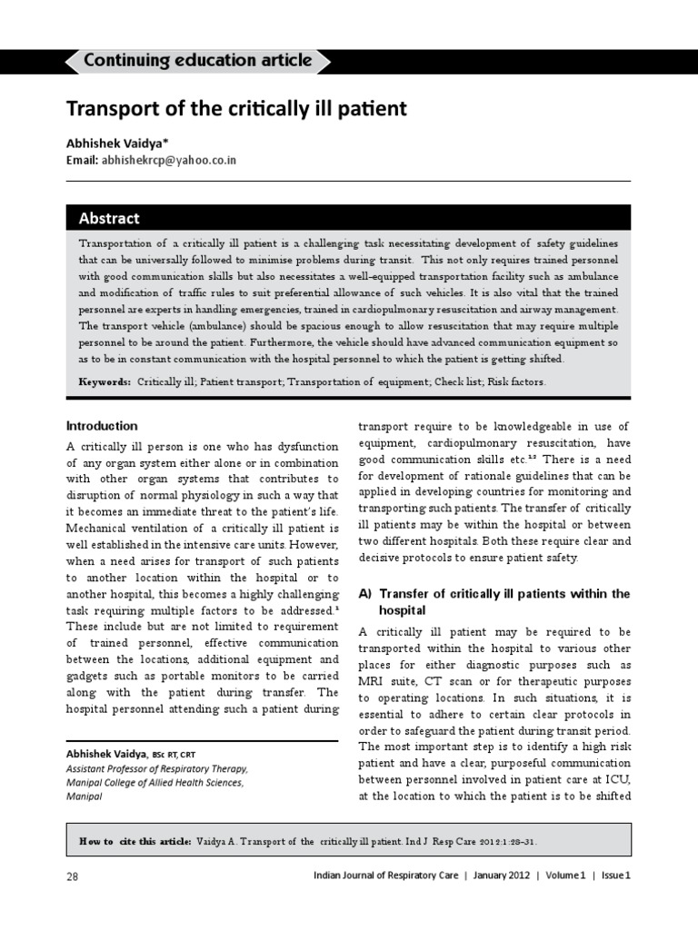 Guidelines for Transporting Critically Ill Patients | PDF | Intensive ...
