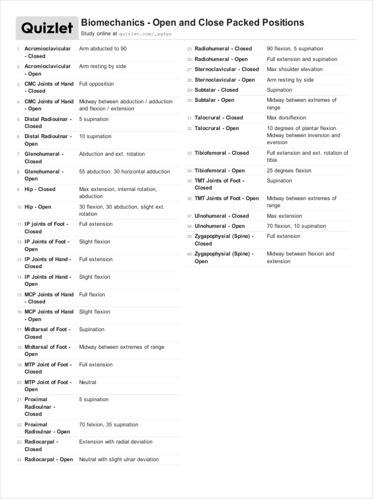 Open and Closed Packed Positions of Joints Anatomical Terms Of Motion
