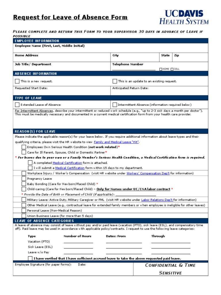 Request For Leave of Absence Form | Download Free PDF | Sick Leave | Labor