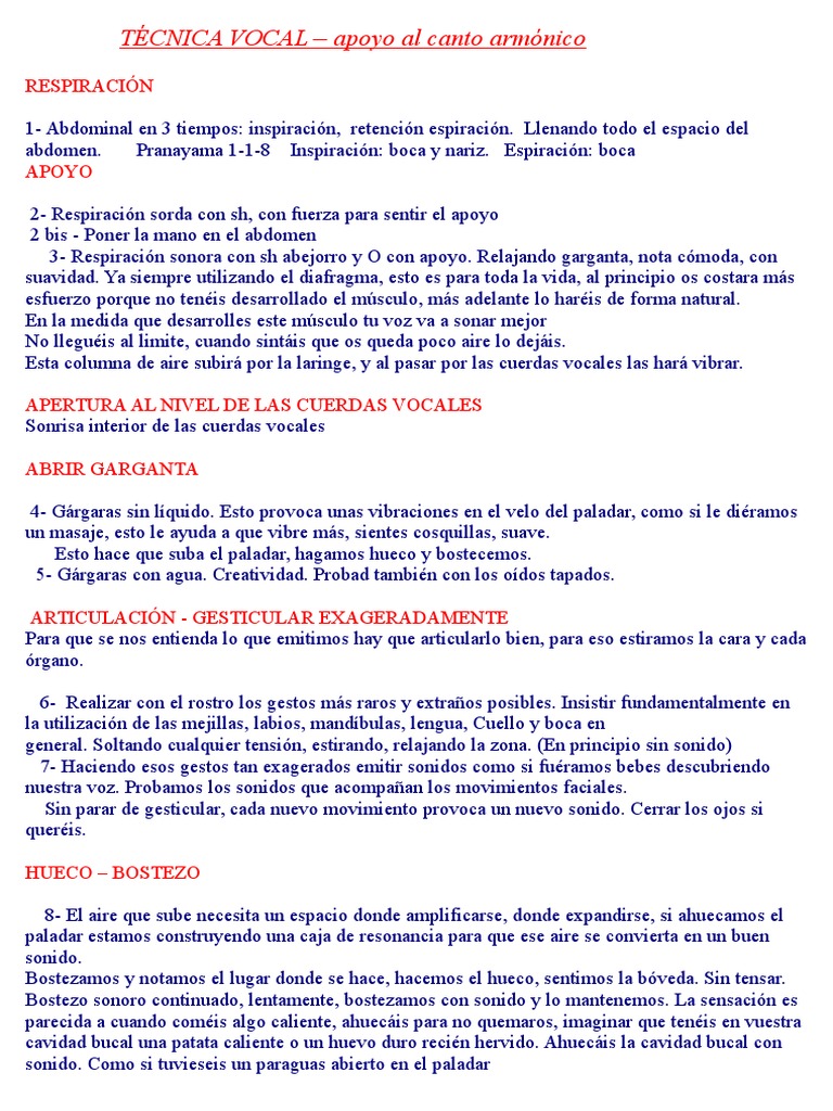 Técnica Vocal, Apoyo Al Canto Armónico | PDF | Respiración | Vocal