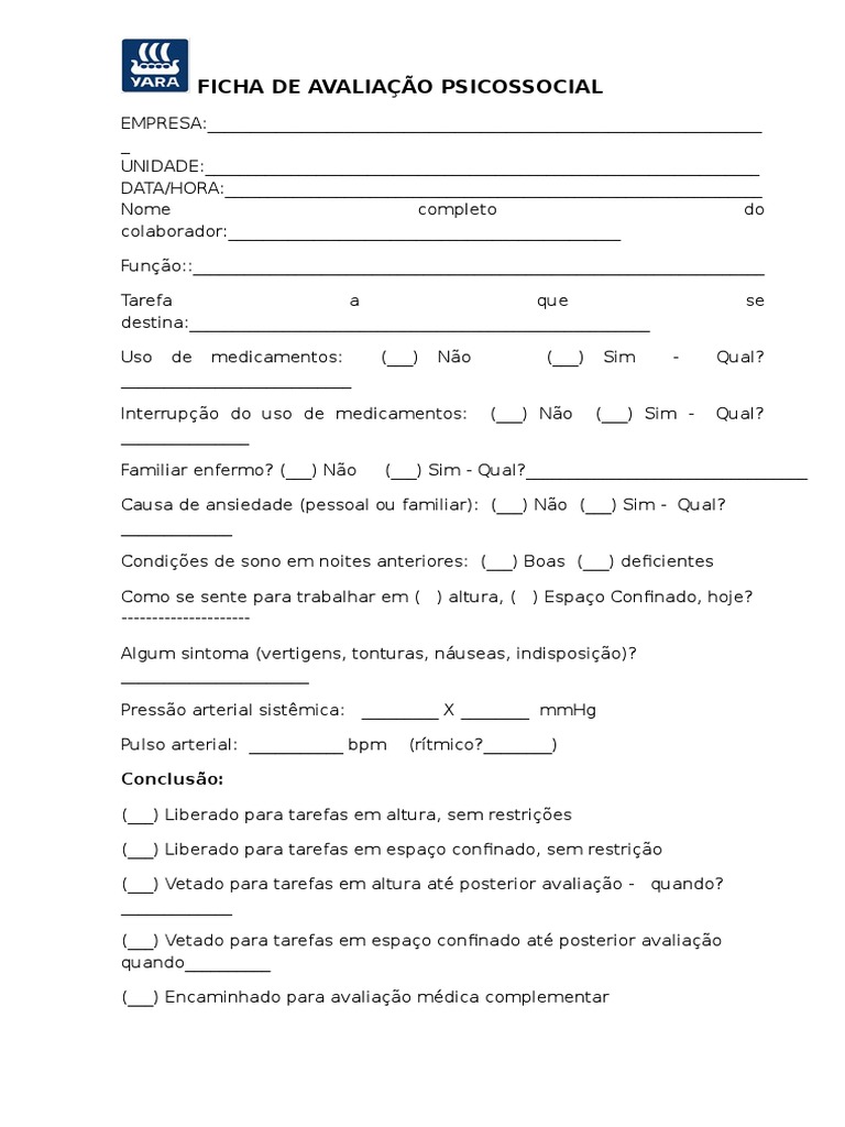 Ficha de Avaliação Psicossocial