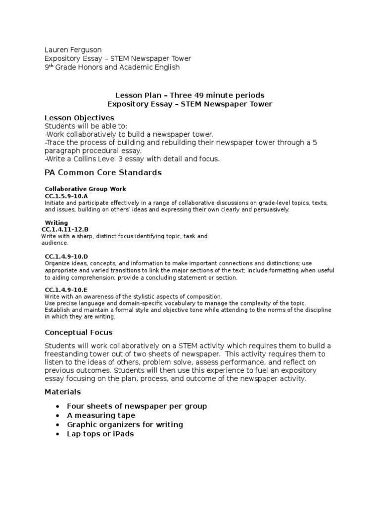 STEM Newspaper Tower Lesson Plan | PDF | Essays | Reading Comprehension