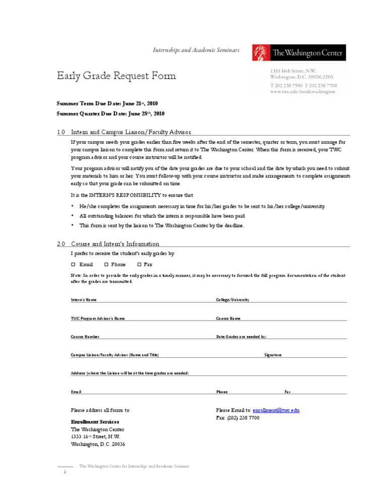 Early Grade Request Form: 1.0 Intern and Campus Liaison/Faculty Advisor ...