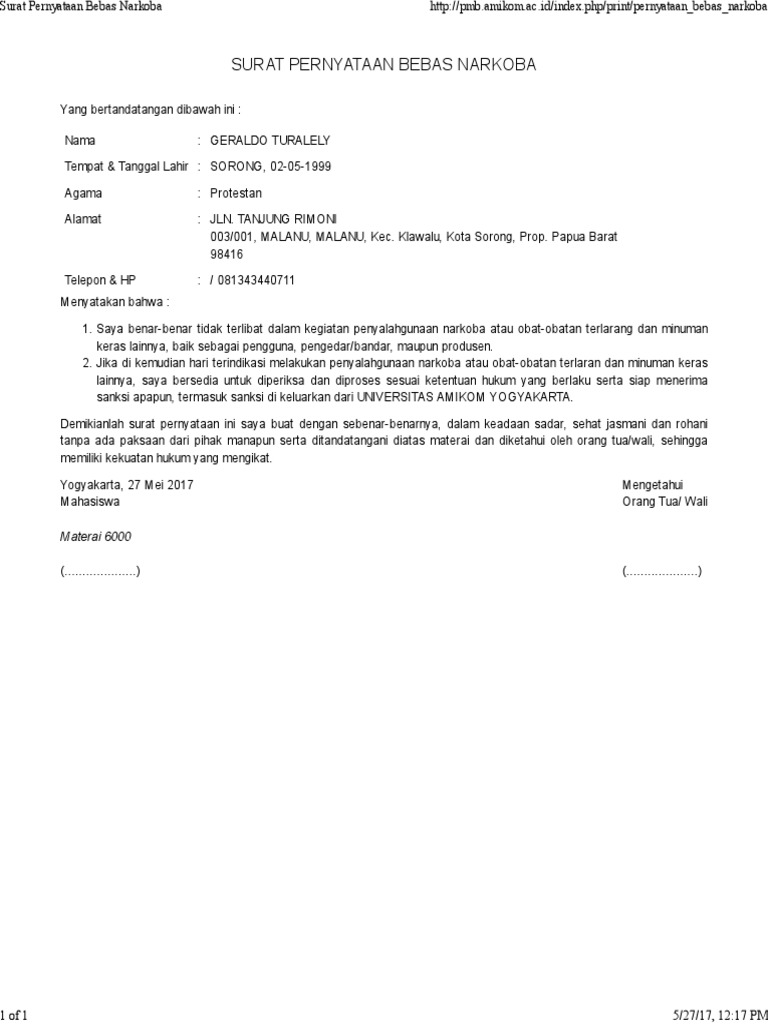 Contoh Surat Bebas Narkoba Nusagates