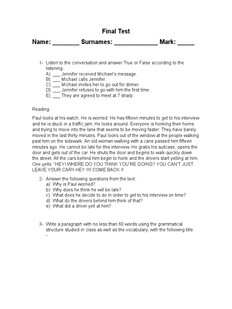 Final Test Name: - Surnames: - Mark | PDF